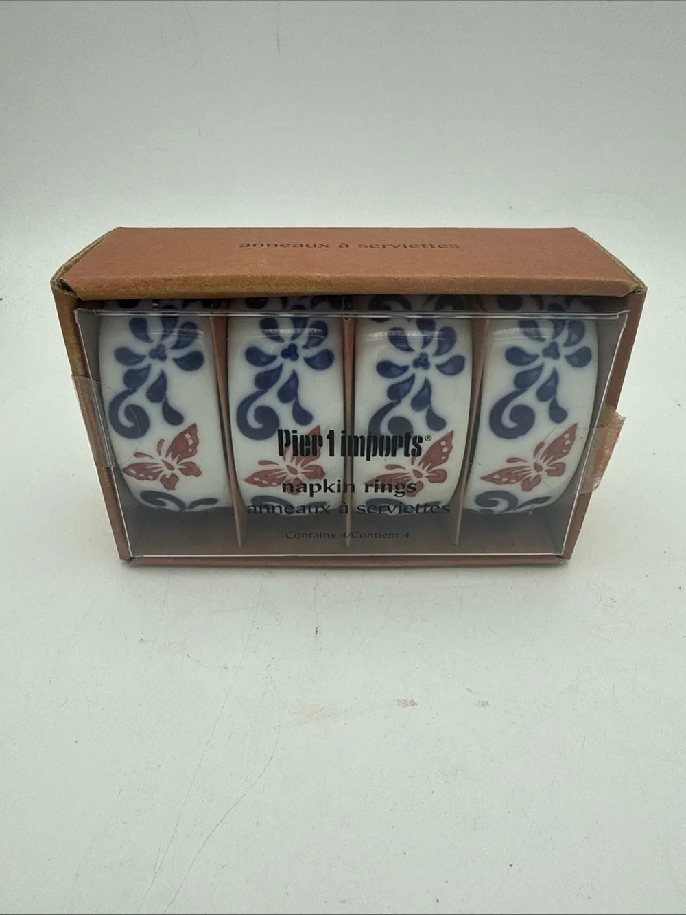 Pier 1 One Butterfly Blue Red Ceramic Napkin Rings Holder Set Of 4